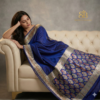 Royal Blue Pure Khaddi Georgette Banarasi Saree with Kadhua Minakari Border & Designer Blouse