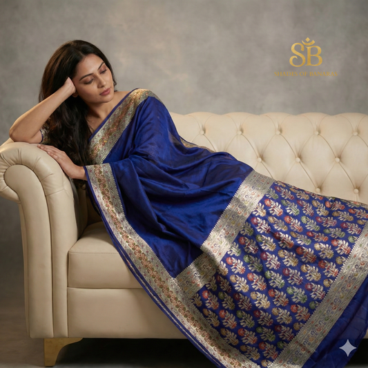 Royal Blue Pure Khaddi Georgette Banarasi Saree with Kadhua Minakari Border & Designer Blouse