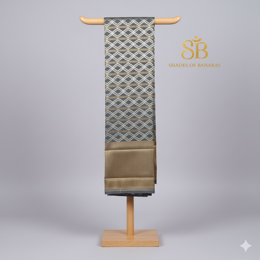 Silver Serenity — Pure Cotton Kota Check Banarasi Saree with Brocade Blouse by Shades Of Banaras - banarasi - banarasi saree shop - banarasi saree manufacturers - banarasi saree wholesale - banaraasi sarees