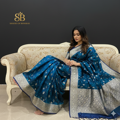 Azure Shikargaah Royale Couture — Luxe Silk Banarasi Saree by Shades Of Banaras - banarasi - banarasi saree shop - banarasi saree manufacturers - banarasi saree wholesale - banaraasi sarees