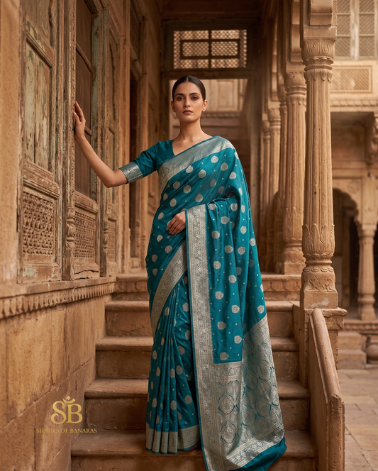 Sea Blue Silk Banarasi Saree