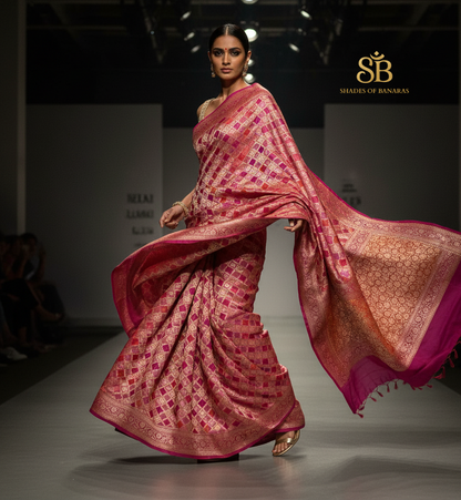 Rose Royale Ghattchola Luxe — Pure Khaddi Georgette Rangkaat Banarasi Saree by Shades Of Banaras - banarasi - banarasi saree shop - banarasi saree manufacturers - banarasi saree wholesale - banaraasi sarees - banarasi sari - banarasi saris