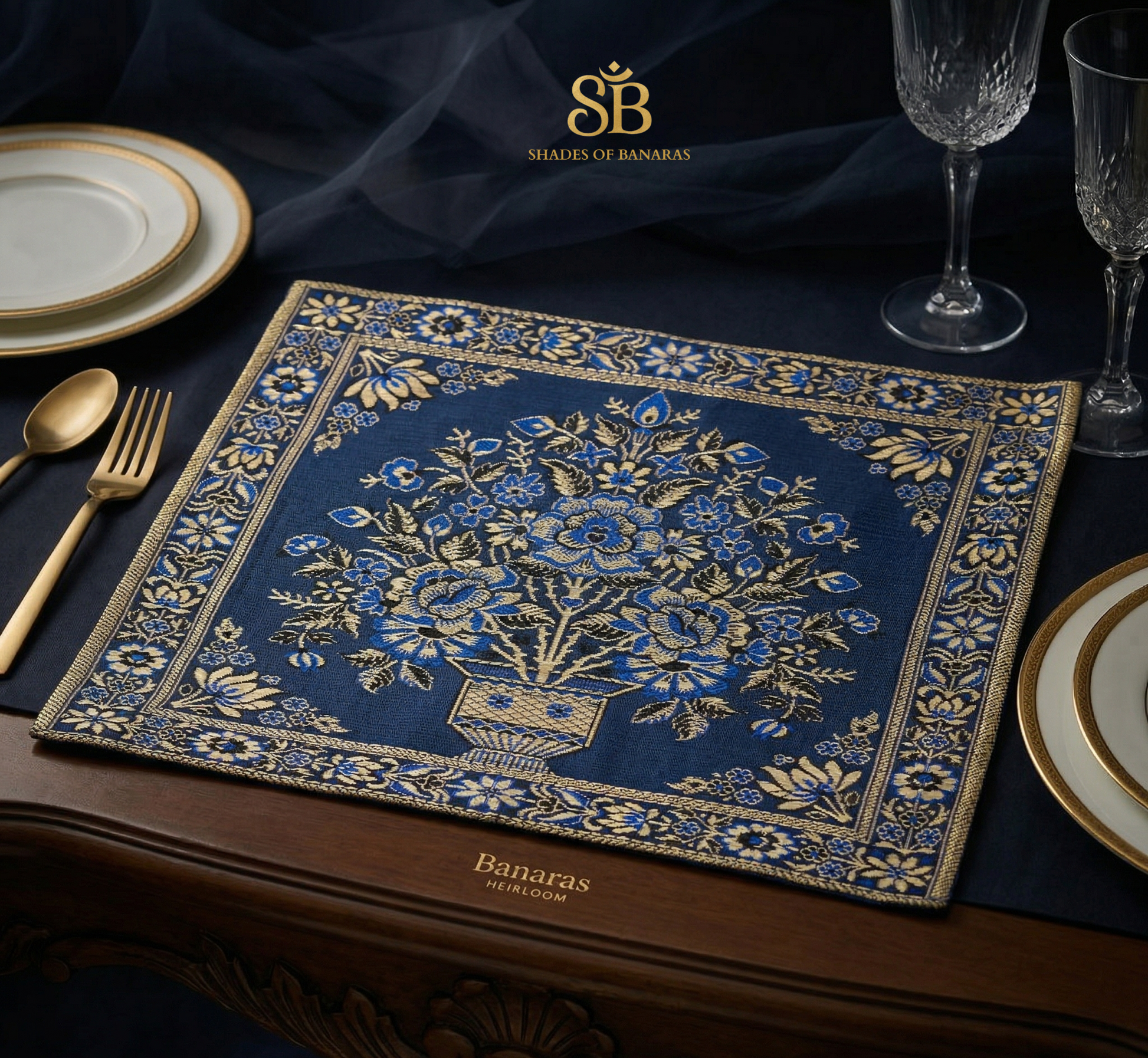 The Azure Imperial Couture: Pure Banarasi Dupion Silk Petit Table Mat by Shades Of Banaras - banarasi - banarasi saree shop - banarasi saree manufacturers - banarasi saree wholesale - banaraasi sarees - banarasi sari - banarasi saris - silk saree - silk sari - wedding saree - wedding sari - designer sari - wedding collection - gifting