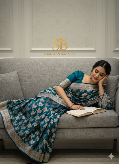 Ocean Whisper – Teel Blue Pure Silk Handloom Banarasi Saree by Shades Of Banaras - banarasi - banarasi saree shop - banarasi saree manufacturers - banarasi saree wholesale - banaraasi sarees