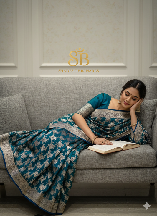 Ocean Whisper – Teel Blue Pure Silk Handloom Banarasi Saree by Shades Of Banaras - banarasi - banarasi saree shop - banarasi saree manufacturers - banarasi saree wholesale - banaraasi sarees