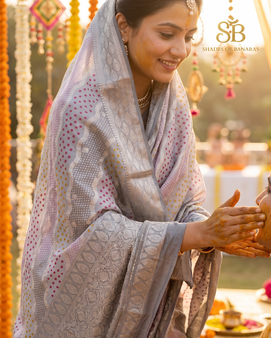 Grey Luxe Pure Mango Silk Banarasi Rangkaat Saree with Bandhej