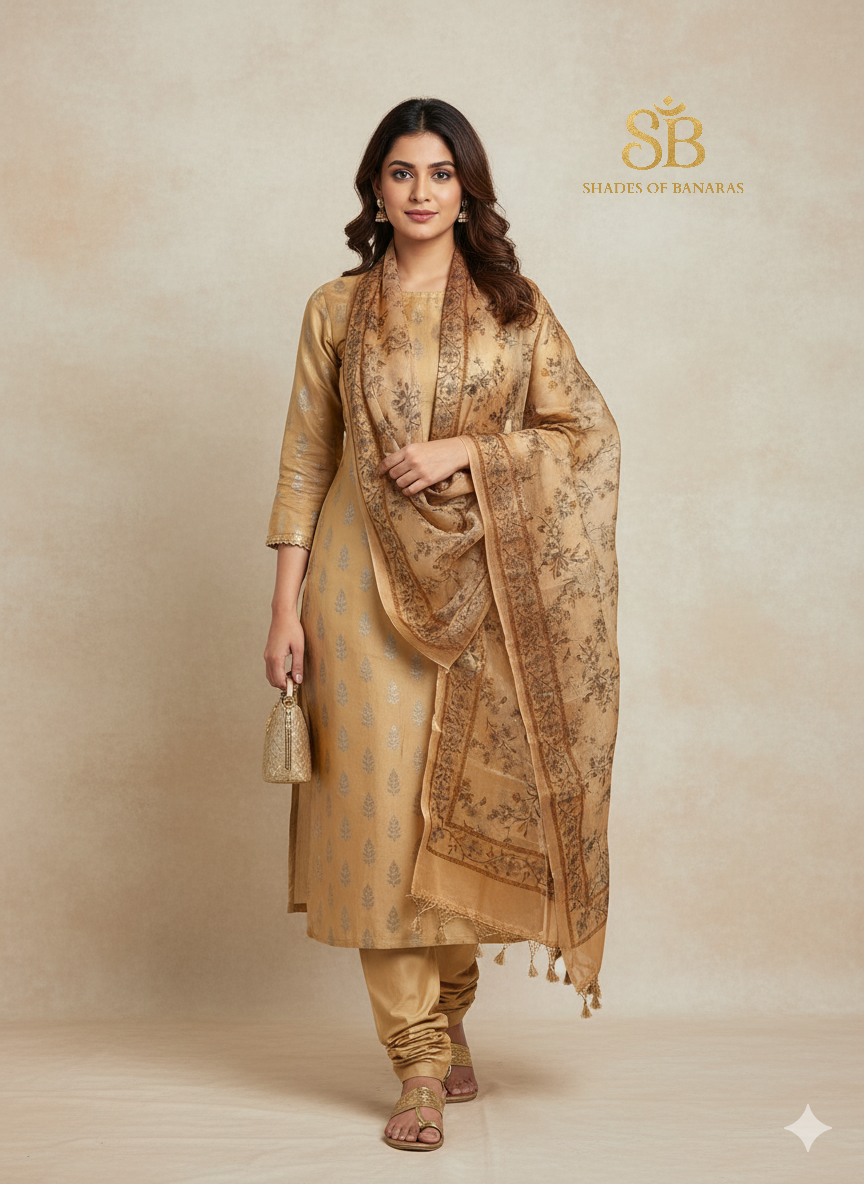 The Banarasi Elegance: Beige Chanderi & Digital Organza Suit by Shades Of Banaras - banarasi - banarasi saree shop - banarasi saree manufacturers - banarasi saree wholesale - banaraasi sarees