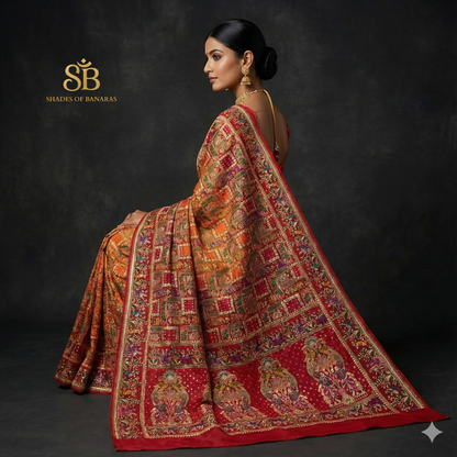 Surya Raga Ghatchola — Yellow & Red Khaddi Georgette Bandhani Banarasi Saree by Shades Of Banaras - banarasi - banarasi saree shop - banarasi saree manufacturers - banarasi saree wholesale - banaraasi sarees