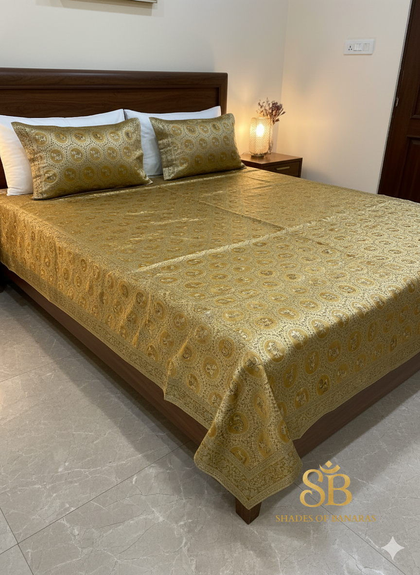 Opulent Mustard Pure Dupion Banarasi Bedcover Set by Shades Of Banaras - banarasi - banarasi saree shop - banarasi saree manufacturers - banarasi saree wholesale - banaraasi sarees