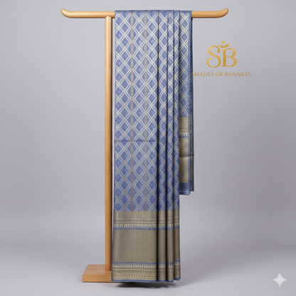 Azure Whispers — Pure Cotton Kota Check Banarasi Saree with Brocade Blouse by Shades Of Banaras - banarasi - banarasi saree shop - banarasi saree manufacturers - banarasi saree wholesale - banaraasi sarees