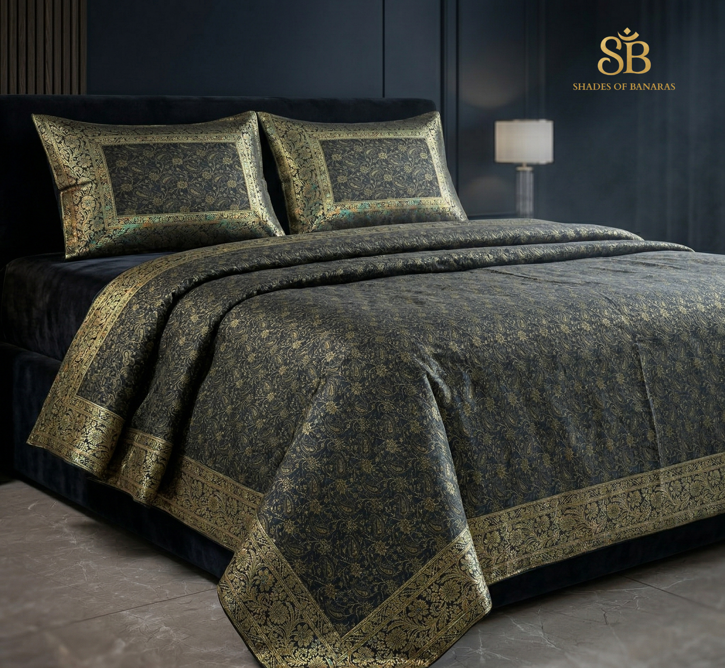 Ultra-Luxe Grey Pure Dupion Silk Handloom Banarasi Bedcover Set