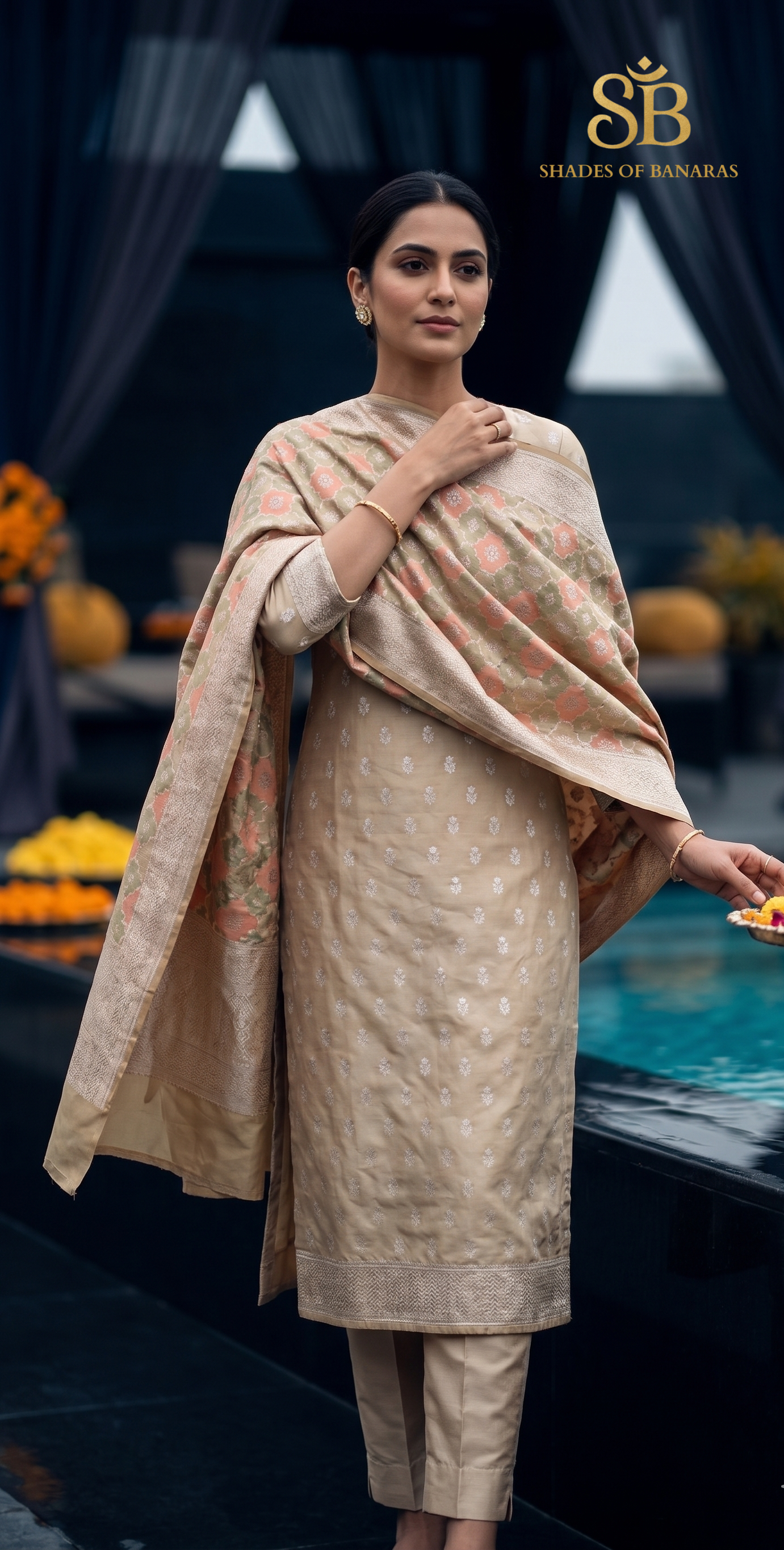 The Imperial Beige Kadhua Silk Suit with Handwoven Patola Jaal