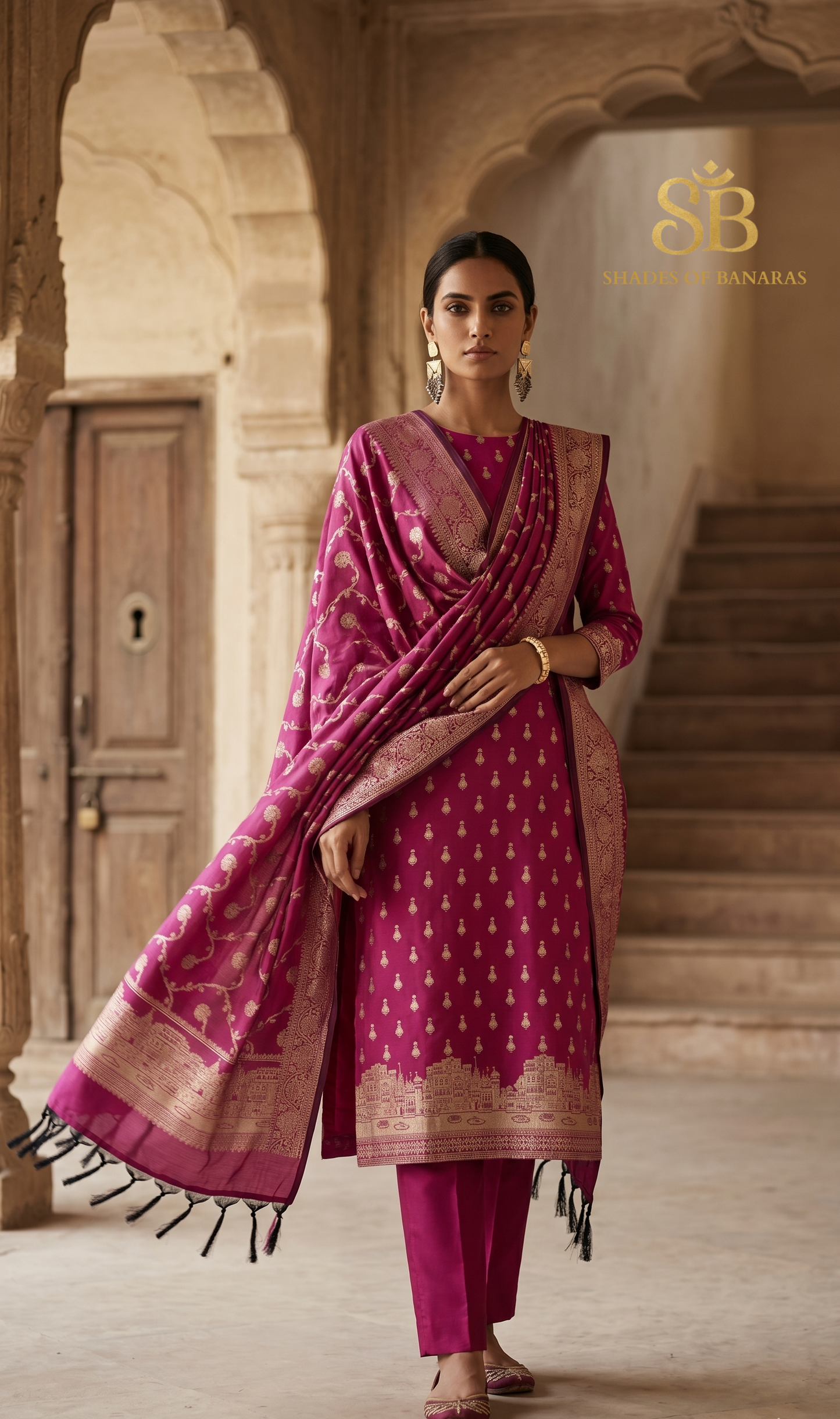 The Roseate Ghats of Kashi: Heritage Pink Banarasi Katan Silk Handloom Unstitched Suit Set by Shades Of Banaras - banarasi - banarasi saree shop - banarasi saree manufacturers - banarasi saree wholesale - banaraasi sarees - banarasi sari - banarasi saris - silk saree - silk sari - wedding saree - wedding sari - designer sari - wedding collection - gifting