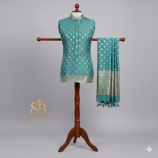 Sea Mist Royale — Handwoven Banarasi Silk Suit Set (2 pcs)