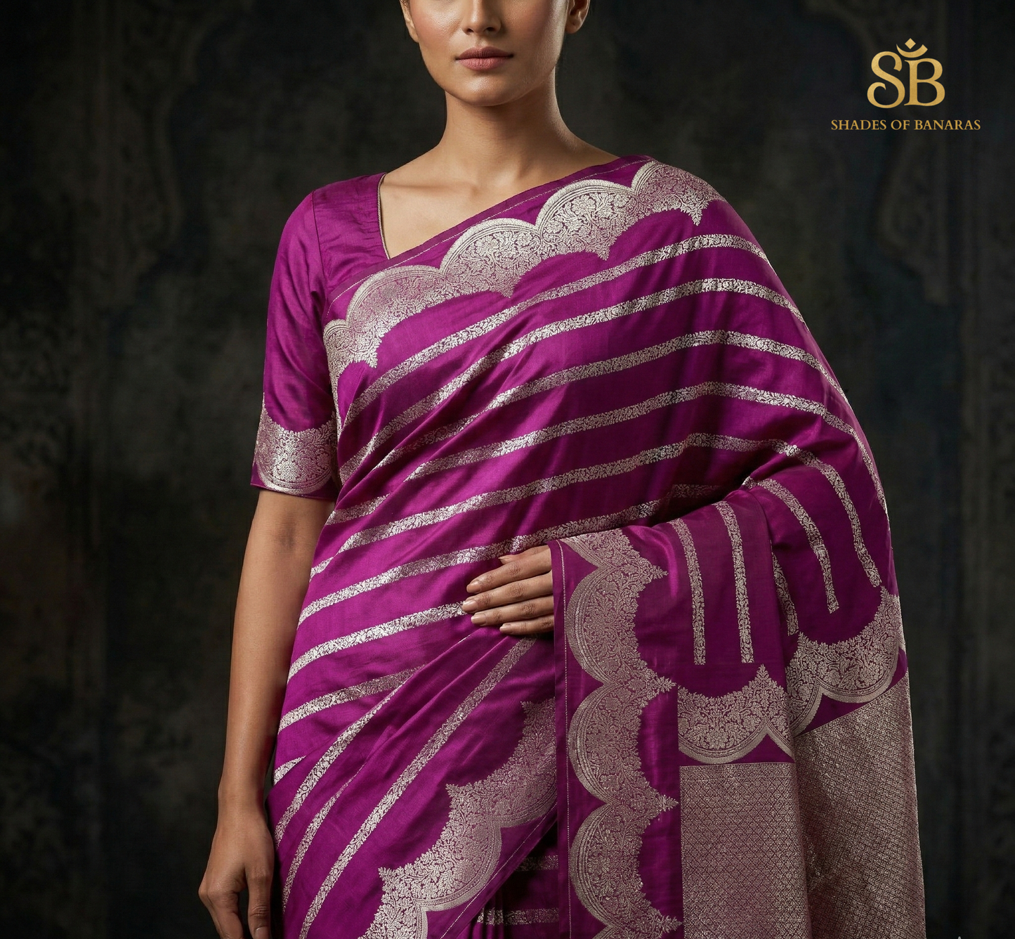The Royal Violet Stripe Couture: Pure Silk Kadhua Banarasi Saree with Scallop Detailing by Shades Of Banaras - banarasi - banarasi saree shop - banarasi saree manufacturers - banarasi saree wholesale - banaraasi sarees - banarasi sari - banarasi saris
