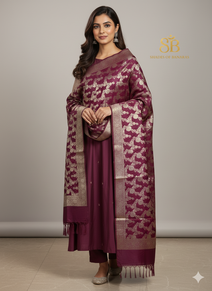 Wine Banarasi Dupatta: Pure Cotton Silk by Shades Of Banaras - banarasi - banarasi saree shop - banarasi saree manufacturers - banarasi saree wholesale - banaraasi sarees