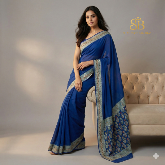 Blue Pure Khaddi Georgette Banarasi Saree with Kadhua Minakari Border & Designer Blouse