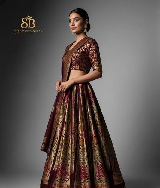 Imperial Maroon Luxe Couture — Banarasi Minakari Silk Lehenga by Shades Of Banaras - banarasi - banarasi saree shop - banarasi saree manufacturers - banarasi saree wholesale - banaraasi sarees