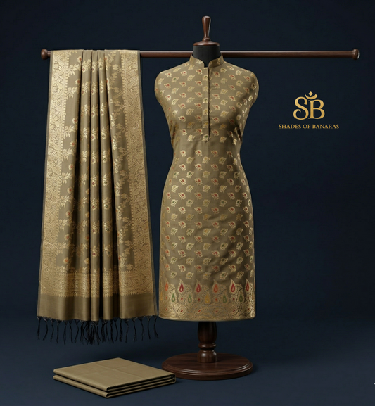 The Heirloom of Ethereal Beige: Handloom Banarasi Katan Silk Suit Set by Shades Of Banaras - banarasi - banarasi saree shop - banarasi saree manufacturers - banarasi saree wholesale - banaraasi sarees - banarasi sari - banarasi saris - silk saree - silk sari - wedding saree - wedding sari - designer sari - wedding collection - gifting