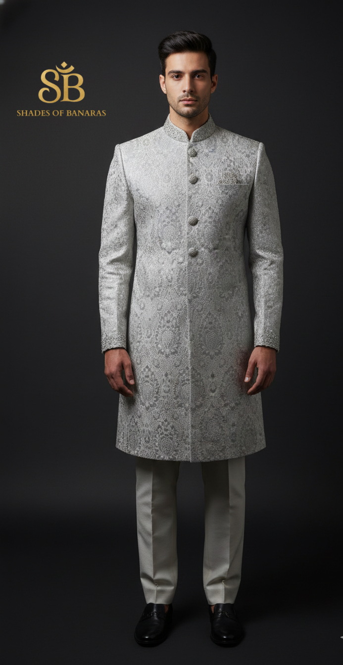 Opulent Moonlit Silver: Pure Silk Tanchui Brocade (By Meter) by Shades Of Banaras - banarasi - banarasi saree shop - banarasi saree manufacturers - banarasi saree wholesale - banaraasi sarees - banarasi sari - banarasi saris