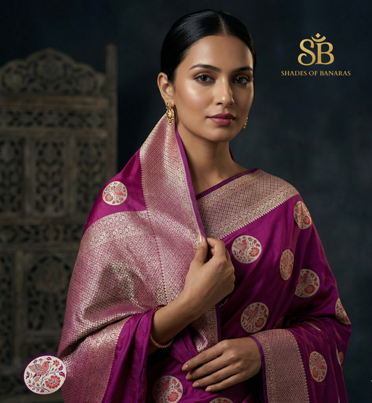 The Majestic Royal Purple Couture: Luxe Pure Satin Silk Minakari Banarasi Saree by Shades Of Banaras - banarasi - banarasi saree shop - banarasi saree manufacturers - banarasi saree wholesale - banaraasi sarees - banarasi sari - banarasi saris - silk saree - silk sari - wedding saree - wedding sari - designer sari - wedding collection - gifting