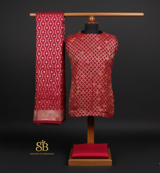 Crimson Minakari Heritage: Pure Banarasi Cotton Silk Handloom Unstitched Suit Set