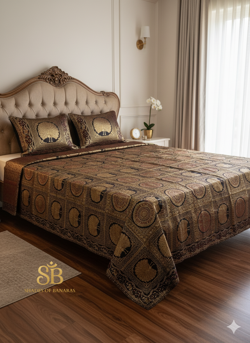 Regal Black & Gold Pure Brocade Banarasi Bedcover Set by Shades Of Banaras - banarasi - banarasi saree shop - banarasi saree manufacturers - banarasi saree wholesale - banaraasi sarees