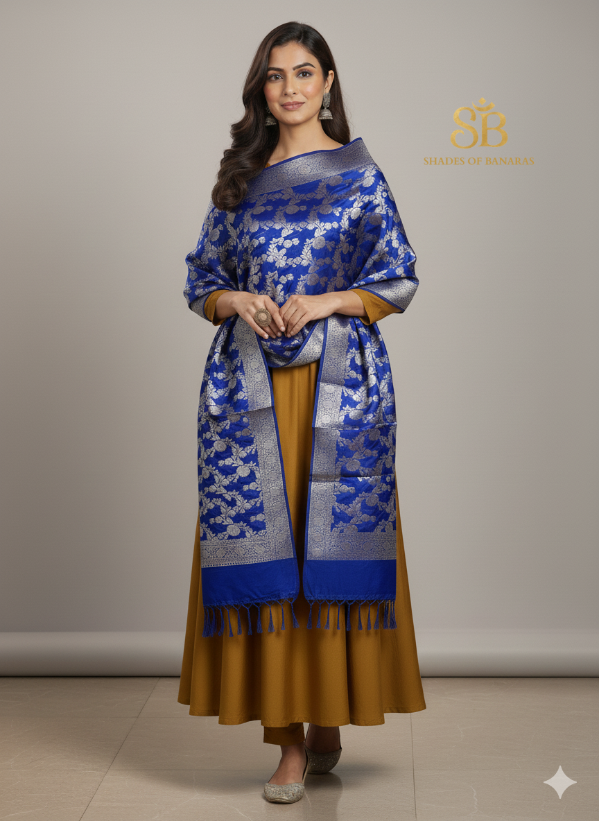 Royal Blue Banarasi Dupatta: Pure Cotton Silk by Shades Of Banaras - banarasi - banarasi saree shop - banarasi saree manufacturers - banarasi saree wholesale - banaraasi sarees