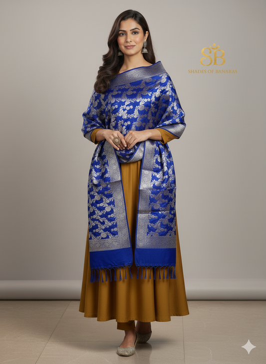 Royal Blue Banarasi Dupatta: Pure Cotton Silk by Shades Of Banaras - banarasi - banarasi saree shop - banarasi saree manufacturers - banarasi saree wholesale - banaraasi sarees
