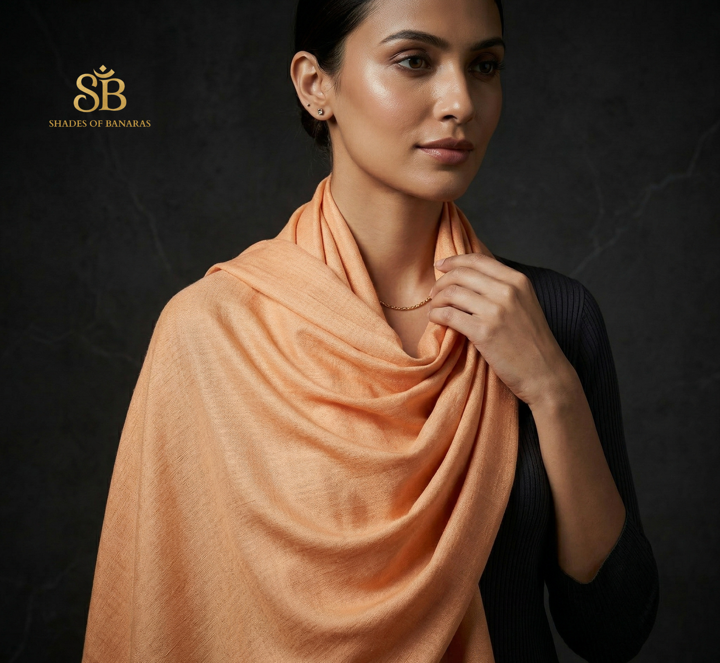 Peach Nectar: Pure Pashmina Handwoven Plain Luxe Scarf by Shades Of Banaras - banarasi - banarasi saree shop - banarasi saree manufacturers - banarasi saree wholesale - banaraasi sarees - banarasi sari - banarasi saris - silk saree - silk sari - wedding saree - wedding sari - designer sari - wedding collection - gifting