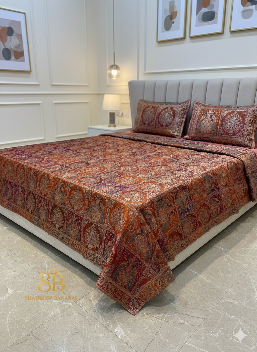 Regal Red & Orange Pure Brocade Banarasi Bedcover Set by Shades Of Banaras - banarasi - banarasi saree shop - banarasi saree manufacturers - banarasi saree wholesale - banaraasi sarees