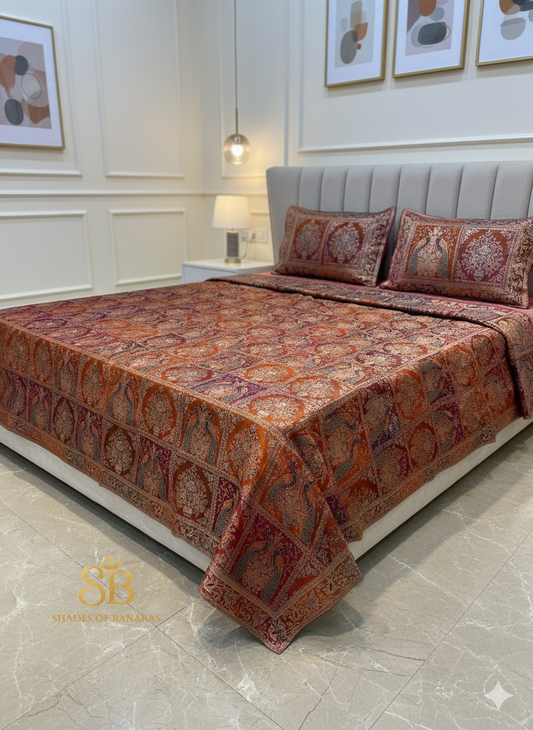 Regal Red & Orange Pure Brocade Banarasi Bedcover Set by Shades Of Banaras - banarasi - banarasi saree shop - banarasi saree manufacturers - banarasi saree wholesale - banaraasi sarees