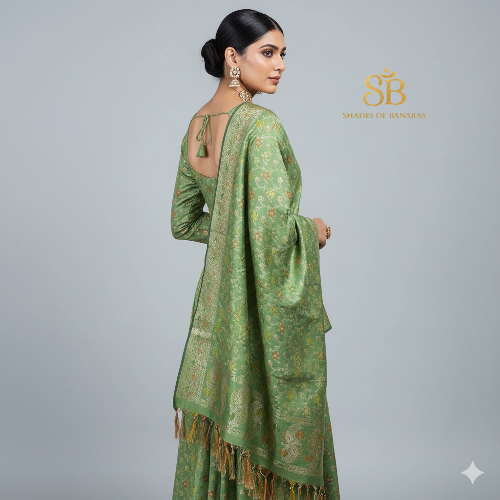 Pastel Green Minakari Katan Soft Silk Banarasi Dupatta by Shades Of Banaras - banarasi - banarasi saree shop - banarasi saree manufacturers - banarasi saree wholesale - banaraasi sarees