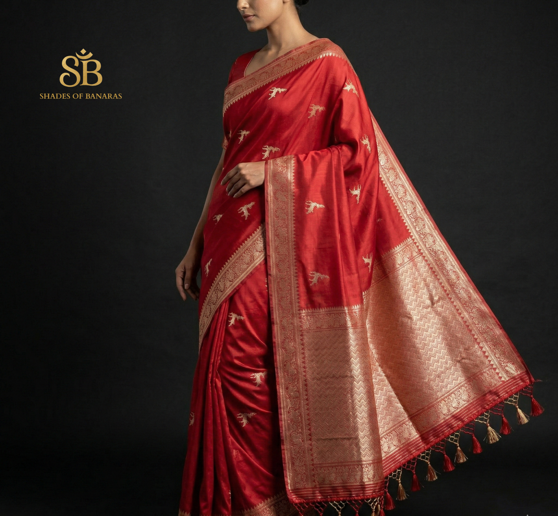 Carrot Red Shikargaah Luxe Pure Silk Kadhua Banarasi Saree – Gold Zari Deer Motifs by Shades Of Banaras - banarasi - banarasi saree shop - banarasi saree manufacturers - banarasi saree wholesale - banaraasi sarees - banarasi sari - banarasi saris