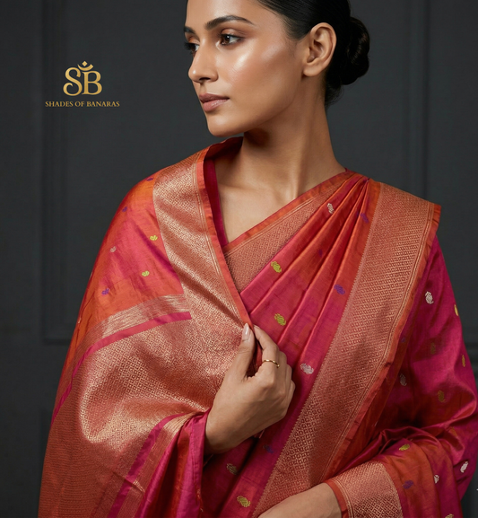 Luxe Rose-Gold Radiance: Handwoven Pure Silk Banarasi Saree by Shades Of Banaras - banarasi - banarasi saree shop - banarasi saree manufacturers - banarasi saree wholesale - banaraasi sarees - banarasi sari - banarasi saris - silk saree - silk sari - wedding saree - wedding sari - designer sari - wedding collection - gifting