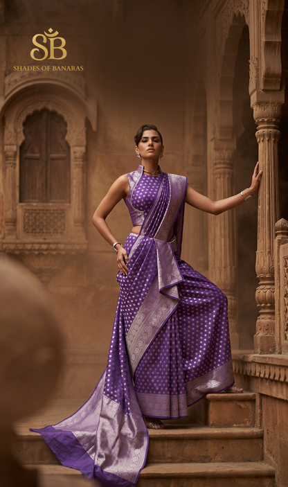 Royal Purple Kora Silk Saree | Luxe Handwoven All-Over Buti by Shades Of Banaras - banarasi - banarasi saree shop - banarasi saree manufacturers - banarasi saree wholesale - banaraasi sarees - banarasi sari - banarasi saris - silk saree - silk sari - wedding saree - wedding sari - designer sari - wedding collection - gifting