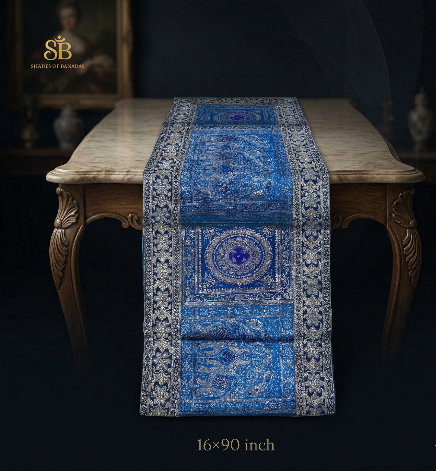 Milanese Splendor: Hand-Woven Brocade Couture Table Runner by Shades Of Banaras - banarasi - banarasi saree shop - banarasi saree manufacturers - banarasi saree wholesale - banaraasi sarees - banarasi sari - banarasi saris - silk saree - silk sari - wedding saree - wedding sari - designer sari - wedding collection - gifting