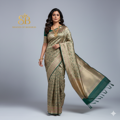 Emerald Patola Elegance — Bottle Green Pure Silk Banarasi Saree with All Over Patola Weave by Shades Of Banaras - banarasi - banarasi saree shop - banarasi saree manufacturers - banarasi saree wholesale - banaraasi sarees