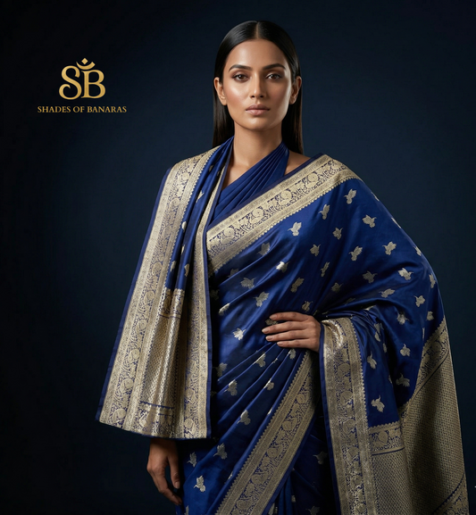 The Midnight Luxe Muse: Navy Blue Pure Satin Silk Bird Motif Banarasi Saree by Shades Of Banaras - banarasi - banarasi saree shop - banarasi saree manufacturers - banarasi saree wholesale - banaraasi sarees - banarasi sari - banarasi saris - silk saree - silk sari - wedding saree - wedding sari - designer sari - wedding collection - gifting