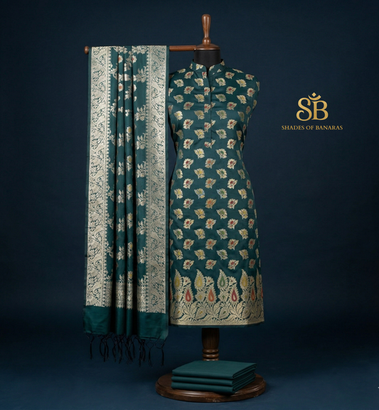 The Emerald Legacy: Regal Bottle Green Banarasi Katan Soft Silk Suit Set by Shades Of Banaras - banarasi - banarasi saree shop - banarasi saree manufacturers - banarasi saree wholesale - banaraasi sarees - banarasi sari - banarasi saris - silk saree - silk sari - wedding saree - wedding sari - designer sari - wedding collection - gifting