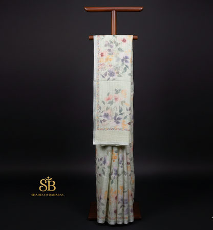 Luxe Mint Green Pure Linen Banarasi Saree | Hand-Printed Summer Couture