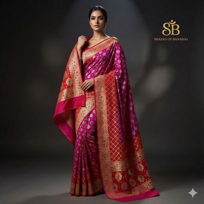 Pink & Red Pure Georgette Bandhani Banarasi Saree with Minakari Weaving