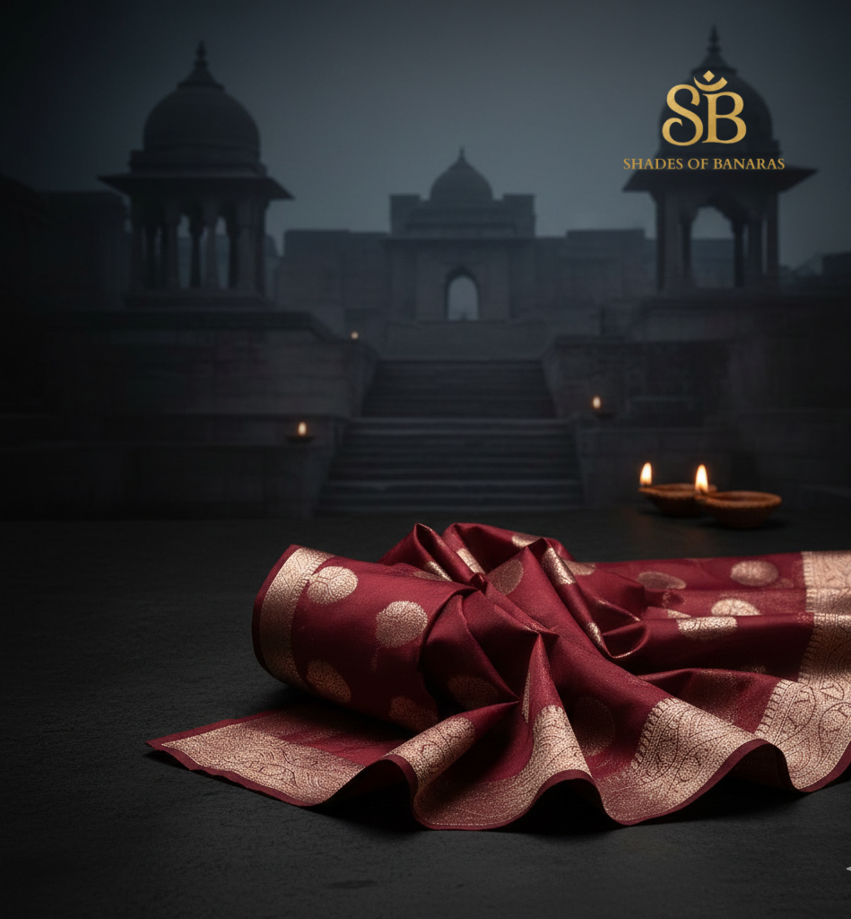 Maroon Cotton Organza Handloom Saree with Gold Zari Butis by Shades Of Banaras - banarasi - banarasi saree shop - banarasi saree manufacturers - banarasi saree wholesale - banaraasi sarees - banarasi sari - banarasi saris