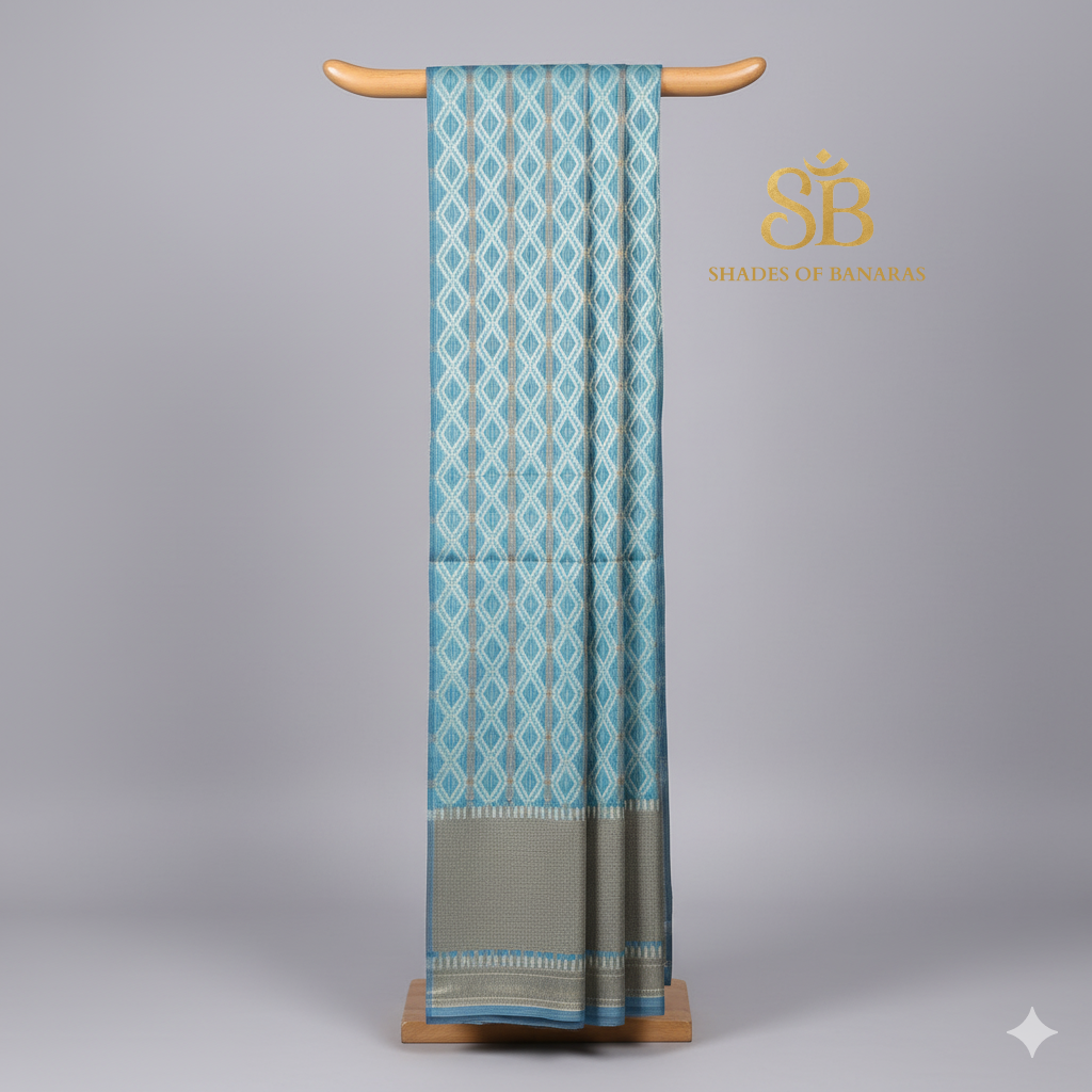 Sky Tranquil — Pure Cotton Kota Check Banarasi Saree with Brocade Blouse by Shades Of Banaras - banarasi - banarasi saree shop - banarasi saree manufacturers - banarasi saree wholesale - banaraasi sarees