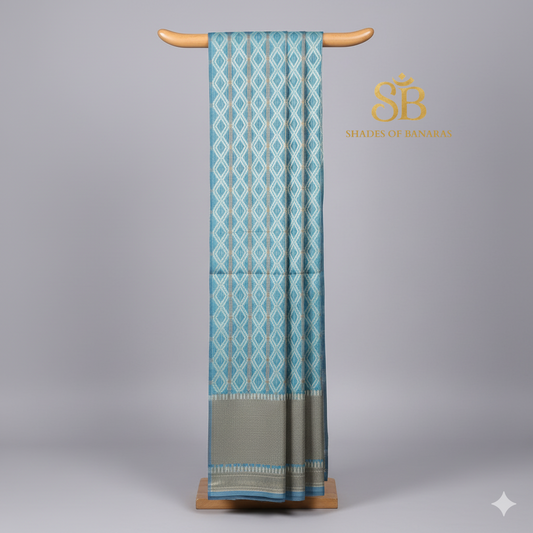 Sky Tranquil — Pure Cotton Kota Check Banarasi Saree with Brocade Blouse by Shades Of Banaras - banarasi - banarasi saree shop - banarasi saree manufacturers - banarasi saree wholesale - banaraasi sarees