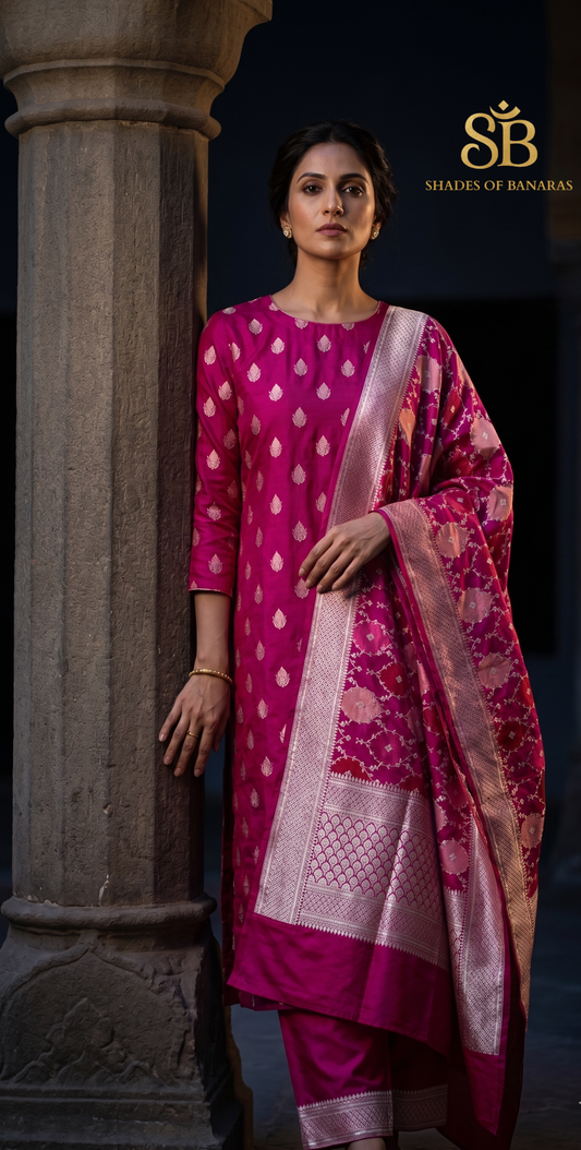 The Roseate Luxe: Pure Banarasi Silk Kadhua Suit with Rangkaat Artistry