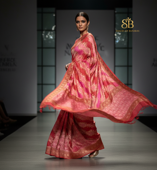 Blush Royale Striped Luxe — Pure Khaddi Georgette Rangkaat Banarasi Saree by Shades Of Banaras - banarasi - banarasi saree shop - banarasi saree manufacturers - banarasi saree wholesale - banaraasi sarees - banarasi sari - banarasi saris