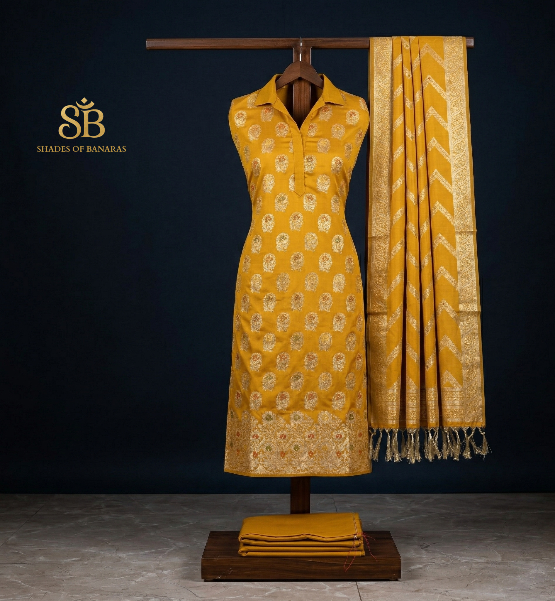 The Gilded Saffron: Radiant Yellow Banarasi Katan Soft Silk Suit Set by Shades Of Banaras - banarasi - banarasi saree shop - banarasi saree manufacturers - banarasi saree wholesale - banaraasi sarees - banarasi sari - banarasi saris - silk saree - silk sari - wedding saree - wedding sari - designer sari - wedding collection - gifting