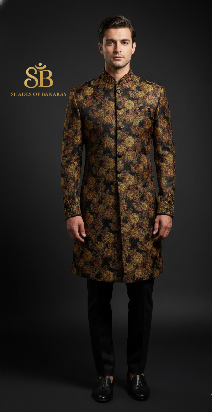 Noir Floral Couture Tanchui Brocade — Pure Silk Banaras Dress Material (By Meter) by Shades Of Banaras - banarasi - banarasi saree shop - banarasi saree manufacturers - banarasi saree wholesale - banaraasi sarees - banarasi sari - banarasi saris