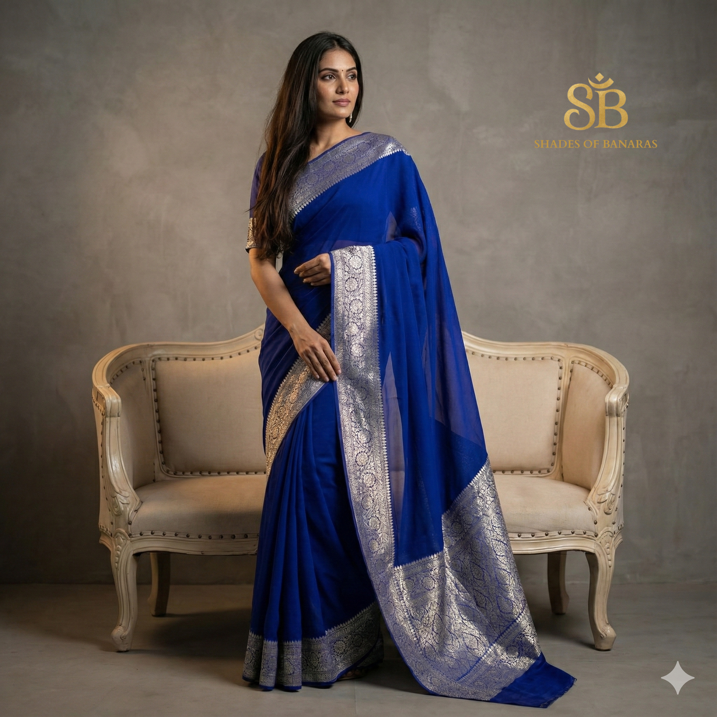Blue Pure Khaddi Georgette Banarasi Saree with Kadhua Border & Designer Blouse